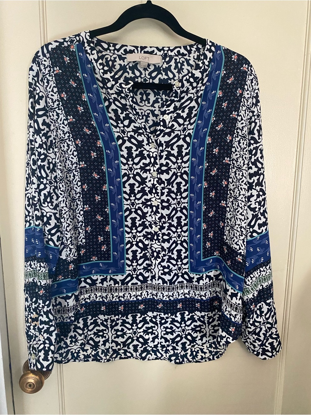 LOFT Navy, White & Blue Printed Button-Down Blouse